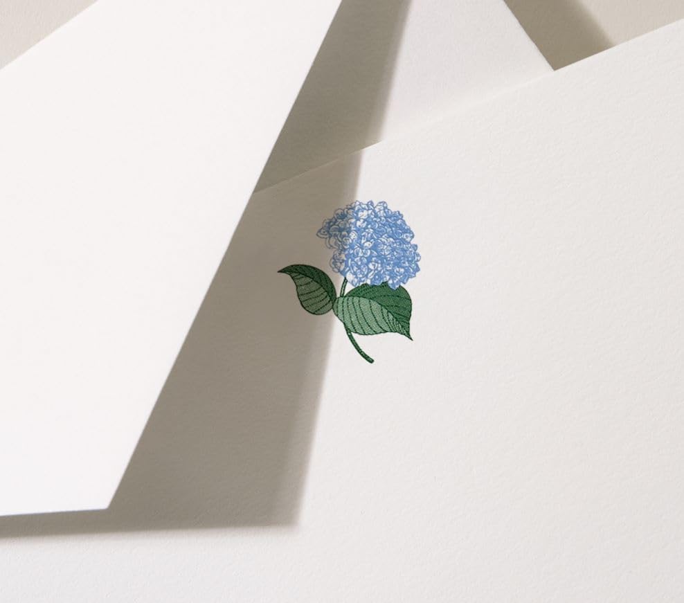 Limited Papers Blue Hydrangea Engraved Greeting Cards - 25 Pack of Elegant Stationery for Heartfelt Messages, 4.25"x 6.25". Newport Blue & Hunter Green