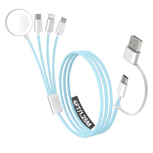 Travel Essentials, 4 in 2 Multi Charging Cable for Apple Watch Charger/iPhone Charger,USB C Cable Cord for iPhone 17-11/iWatch Ultra/10-2/Galaxy S25-S20, Android Phones, Kindle, MP3-Blue,4FT