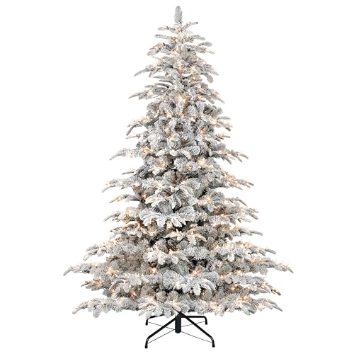 Puleo International 7.5ft Pre-Lit Flocked Aspen Fir Christmas Tree with 700 Clear Lights, 1319 Realistic Dense Snow Flocked Branch Tips, Easy Setup Artificial Trees with Sturdy Metal Stand
