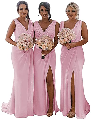 BIAXAL Women's V Neck Chiffon Bridesmaid Dresses Long with Slit Ruched Formal Dress for Wedding Pink