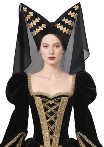 FURPHI Medieval Escoffion Hat with Veil Late Middle Ages Headwear Halloween LARP Costume Accessories for Women (A)