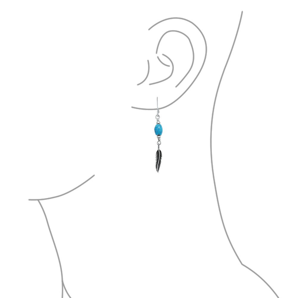 Orecchini A Forma Di Piuma E Foglia In Stile Nativo Americano Del Sud-Ovest Con Gemme Di Turchese E Corallo Gioielli Western Per Donne E Adolescenti In Argento Sterling .925 Con Chiusura A Leva