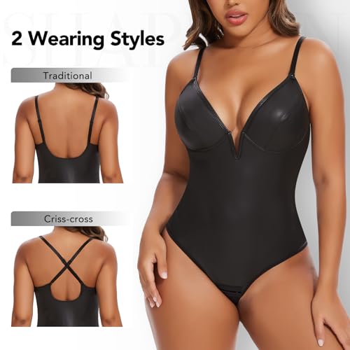 SHAPERIN Women's Deep V Neck Faux Leather Corset Bodysuit Tummy Control Shapewear Thong Body Shaper Plunge Cami Top2