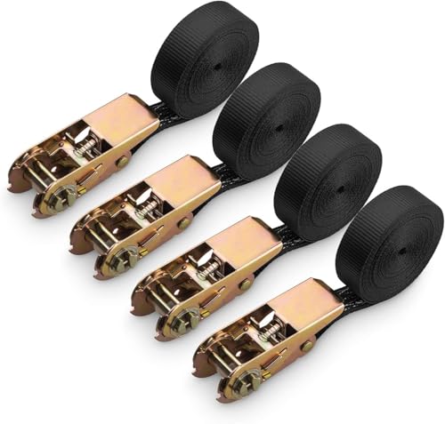 Abaigeal 4 Pack Ratchet Tie Down Strap, 6M x 25mm Heavy Duty Tensioning Straps No Hooks Black Ratchet Straps for Trucks, Motorbikes, Securing Cargo or Luggage - Tensile Strength 800kg