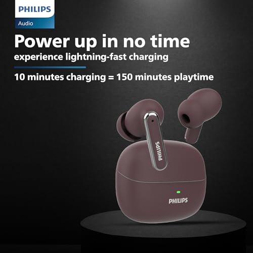 Philips TAT1150RD/94 Premium Wireless Earbuds with ANC,Quad Mic ENC,Up to 55 Hr Playtime,13mm Neodymium Drivers,Multipoint, ergonomically Designed,IPX5 Water Resistance, Fast Charging(Red Mahogany) view 2