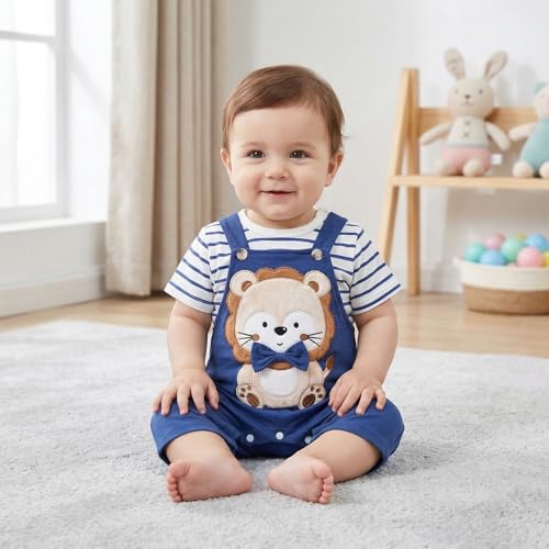 Image of Baby Boy Clothes Striped Romper Cartoon Overall Set 0-18M | Soft Breathable Cotton Romper And Animal Cartoon Overall Shorts Set Offering All-Day Comfort, Daily Wear, Machine Washable