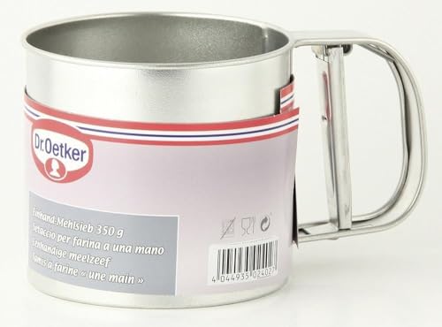 Foto von Dr. Oetker Einhand-Mehlsieb Ø10,5, zum gleichmäßigen und feinen Bemehlen und Bestreuen, sichere Einhand-Bedienung, 350g Füllvolumen, einfache Handhabung, (Farbe: Silber), Menge: 1 Stück