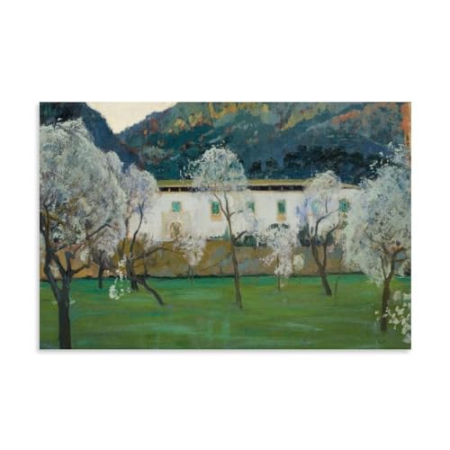 Impresión Art Nouveau Santiago Rusiñol – Casa de campo blanca (Bunyola, Mallorca) con flores de primavera y escena de campo para decoración de pared, obras de arte en lienzo para habitación