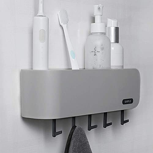 Qinuans Toothbrush Holders Wall Mounted,Teeth Brush Holder ,No Drill Hanging Adhesive Toothbrushes Organizer ,Storage Set with Cup for Family Members with 5 Towel Hooks(2 Cup),Gray