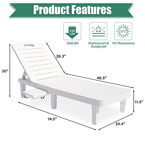 Segmart Outdoor, Chaise Lounge Chair With Side Tray Easy To Assemble Set Of 2, 5 Level Adjustable Positions Pool/Beach Chair For Outside, Waterproof , 330Lbs Weight Capacity, White #TOP1