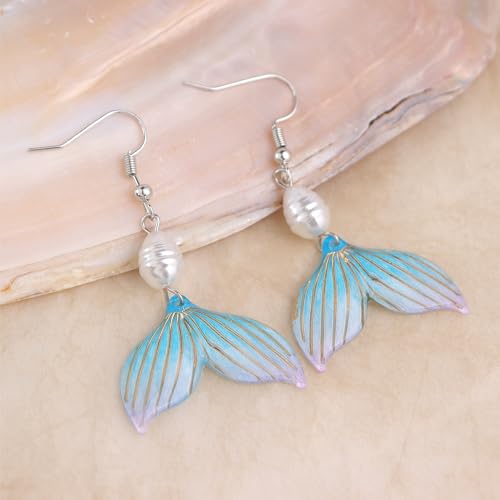 Image of Gold Starfish Mermaid Tail Dangle Drop Earrings for Women, Trendy Cute Pearl Fish Tail Shell Textured Hoop Dangling Earing Summer sea Beach Jewelry Gift.