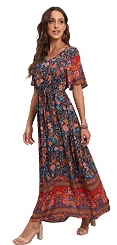 Grecerelle Women's Boho Beach Floral Print Summer Dress Deep V Neck Short Sleeve Drawstring High Waist Flowy Long Maxi Dresses Peony Navy-L #TOP1