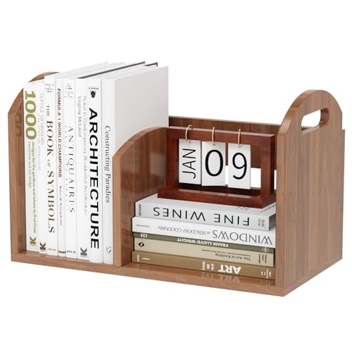 100% Solid Wood Adjustable Desktop Bookshelf, Retro Tabletop Book Shelf File Holder, Vertical Bookshelf Divider Desk Shelf for Home School Office Organization, Perfect for Books Magazine (Brown)