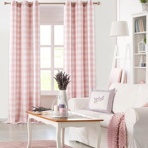 Jubilantex Buffalo Check Semi Sheer Curtain Panels Pink White Gingham Curtains Farmhouse Grommet Window Drapes for Living Room Bedroom 40"x95",2 Panels