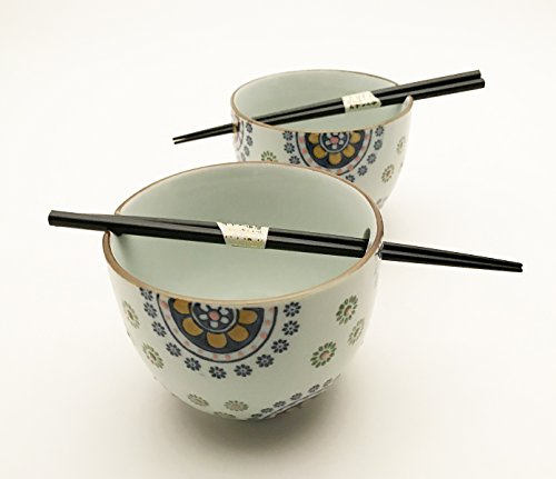 Japanese Dinnerware Ceramic Ramen Udon Noodle Bowl Set of 2 with Bamboo Chopsticks Gift Pack Good Quality (Kiku – Chrysanthemum)