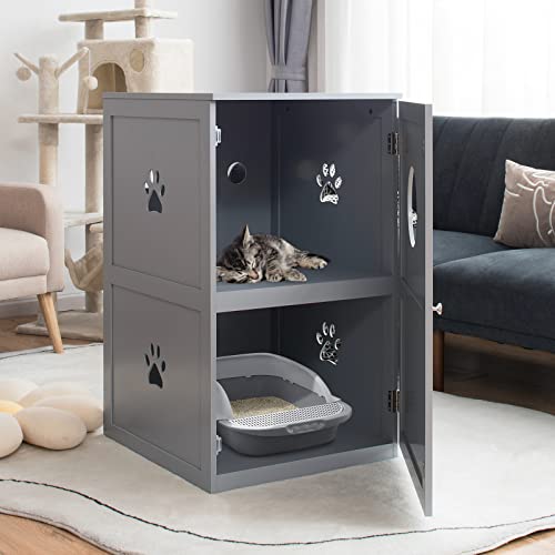 Tangkula 2-Tier Litter Box Enclosure, Cat House W/Anti-Toppling Device, Privacy Cat Washroom Bench W/Multiple Vents & Entrance Hole, Enclosed Cat Litter Box Furniture Hidden For Large Cat (Grey) #TOP1