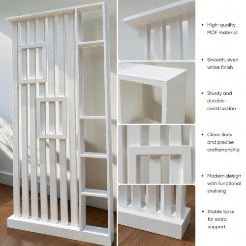 Image of Modern Wooden Room Divider with Storage Shelves | Partition for Living Room & Entryway | Decorative Display Rack with Vertical Slats ((96X48X6))