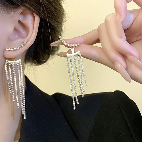 Sparkly Rhinestone Tassel Earrings for Women Long Crystal Dangle Drop Earrings Tennis Zirconia Chandelier Statement Earrings Wedding Prom Jewelry Gifts2