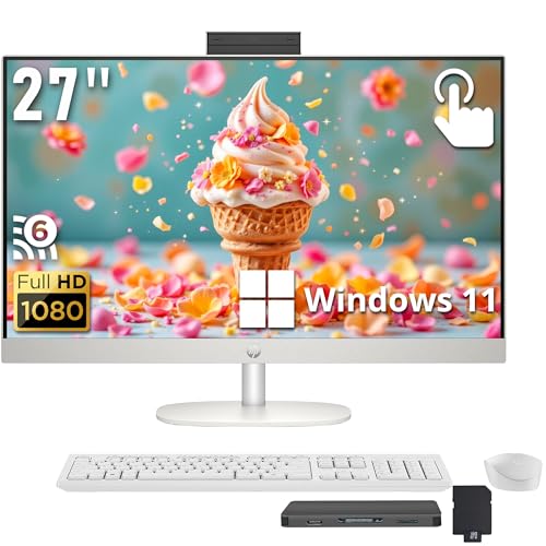 Image of HP 27 inch FHD Touchscreen All-in-One Desktop, AMD Ryzen 5 7520U, 16GB LPDDR5, 672GB Storage (512GB SSD+160GB Docking Station), AMD Radeon Graphics, FHD IR Camera, Wi-Fi 6, Keyboard & Mouse, Win 11, White