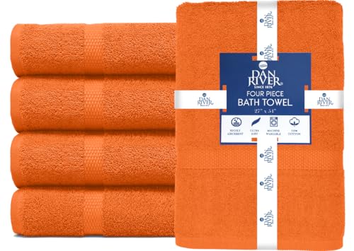 Image of DAN RIVER Bath Towels Set of 4, 27 x 54 Inches, 100% Cotton, Larger & Lighter Weight, Quicker to Dry, Super Soft and Absorbent, Ideal Bathroom Towels Set for Daily Use, Orange