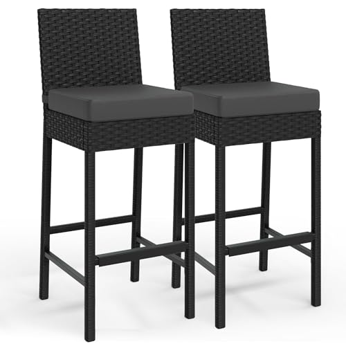 Tabourets De Bar d'Extérieur En Rotin - Lot De 2 Avec Coussin Moelleux, Repose-Pieds Ergonomique,...
