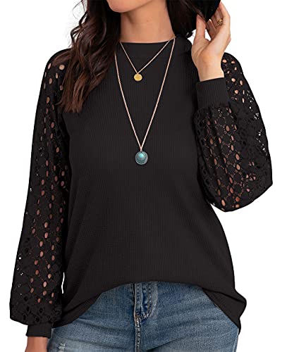 IWOLLENCE Women’s Waffle Knit Blouse Ballon Long Sleeve Lace Tops Casual Loose T Shirts Black X-Large