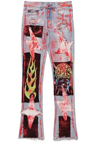 Men's Edge Blue/Red Roller Paint Stacked Flare Jean2