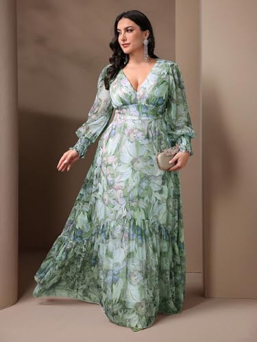 Image of Spring Summer 2024 Plus Size Womens Dresses V Neck Casual Elegant Long Sleeve Floral Print Maxi Dress