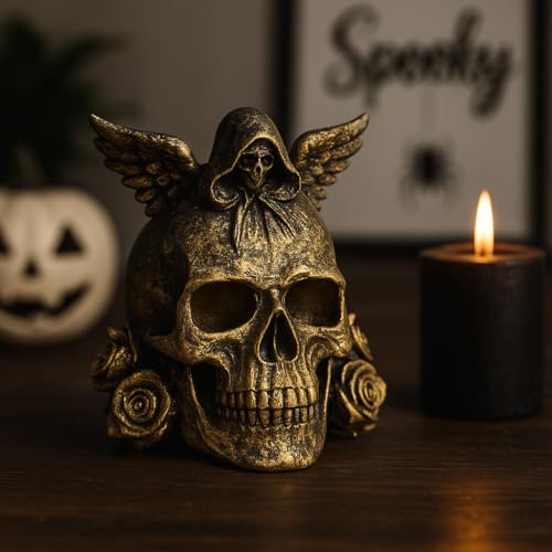 Image of Gothic Skull Showpiece with Angel & Roses | 3D Printed Golden Black Figurine | Halloween Decoration, Horror Collectible & Gothic Home Decor - 11 cm