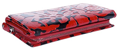 FLW Women's Black-red Clear Coated Genuine Leather Wallet with Leaves Stamping2