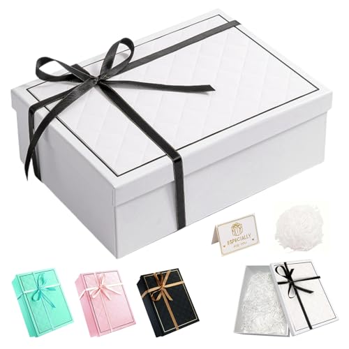 Geschenkbox mit Deckel, Geschenkbox mit Schleife und Grußkarte, 25×18×8,8 cm Rechteck Geschenkkarton, Faltbare Geschenkschachtel für Geburtstag, Fest, Jahrestag, Hochzeit, Weihnachten (Weiß)