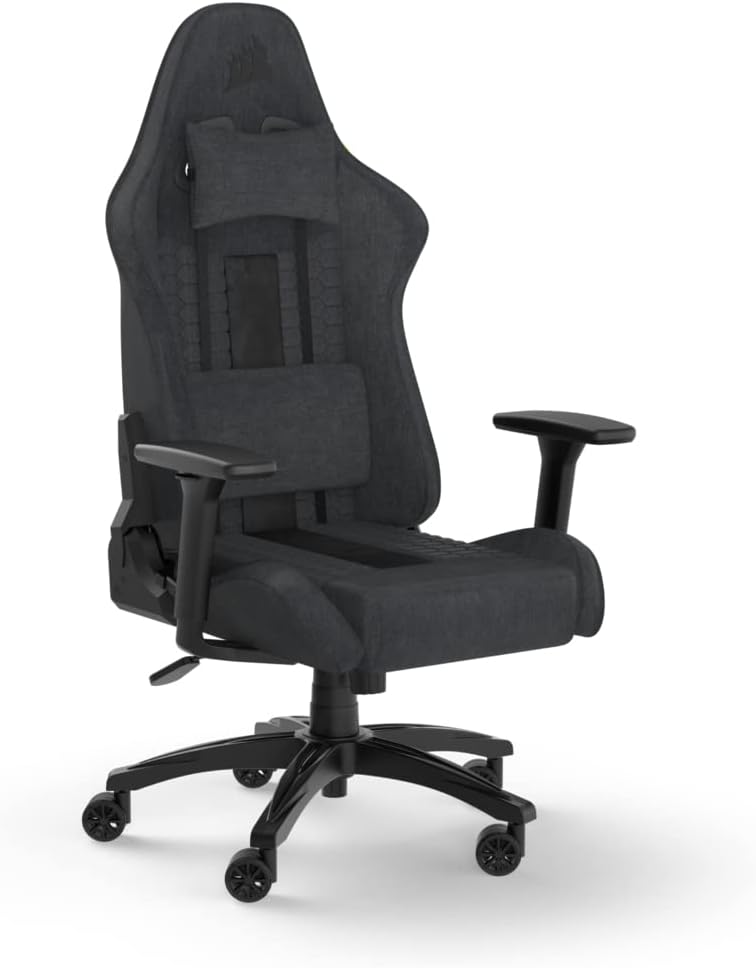 Corsair TC100 RELAXED Gaming Chair - Fabric - Racing-Inspired Design - Lumbar Pillow - Detachable Memory Foam Neck Pillow - Adjustable Seat Height - Adjustable Armrests - Grey & Black