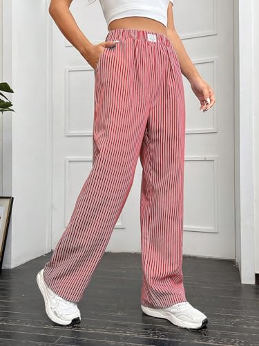 OYOANGLE Women's Straight Wide Leg Trousers Striped Print Letter Patched Detail High Waist Y2K Fashion Pants4