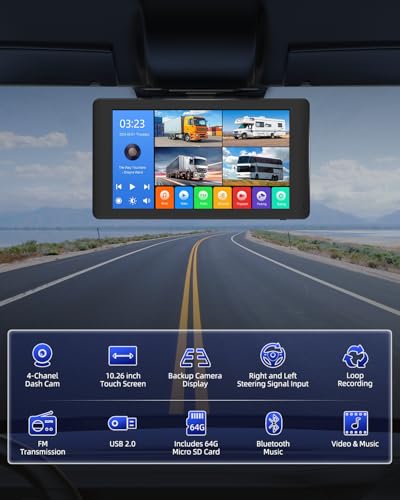 Image of 4 Channel 1080p HD Backup Camera System with 10.2 inch Touchscreen Monitor, DVR Recording /Playback, Bluetooth, FM Radio & Media Player for Trucks, Semis, RVs, Trailers, Vans, SUVs, Cars