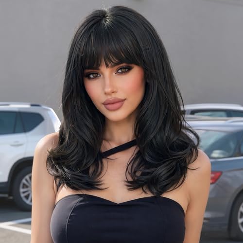 XIXIBI Black Wig with Bangs for Women, 4x4 Realistic Scalp,
