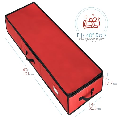 Image of Hearth & Harbor Wrapping Paper Storage Container - Christmas Storage Bag with Ribbon Dispenser and Interior Pockets - Gift Wrap Organizer Fits Up to 26 Rolls of 40 inch Length, Red