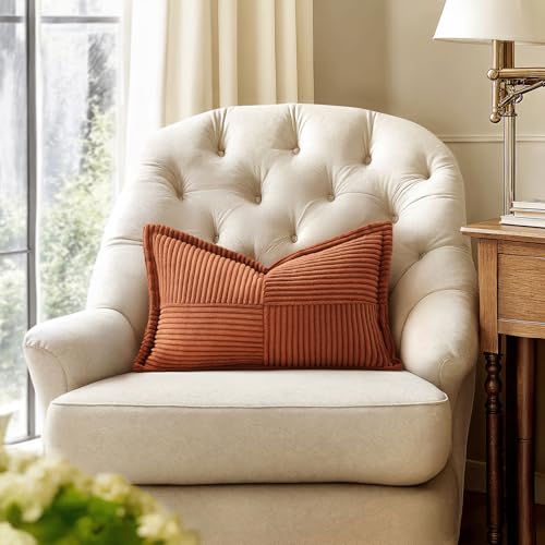 Image of MIULEE Fall Dark Rust Decorative Lumbar Throw Pillow Covers for Couch Bed Livingroom 12x20 Inch Set of 2 Boho Accent Throw Pllows Broadside Striped Patchwork Soft Corduroy Pillowcases, Terracotta