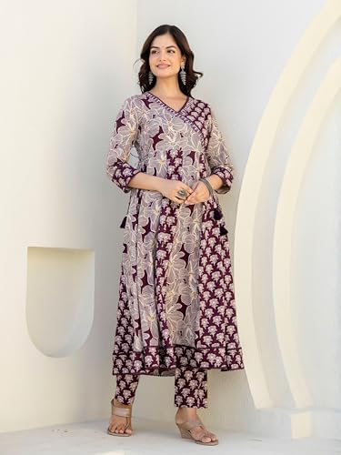 Image of Pure Cotton Anarkali Kurta Set for Women with Dupatta | 3 Piece Cotton Anarkali Suit | Floral Aari Work | Flared Ethnic Wear