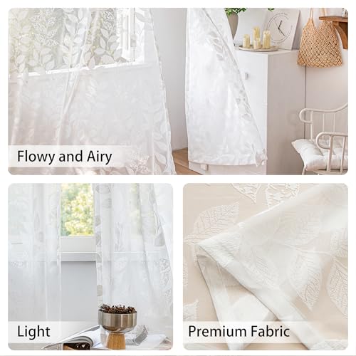 Image of Treatmentex Lace White Sheer Curtains for Living Room 84inch Vintage Botanical Floral Leaf Semi Sheer Window Curtain Panel for Bedroom 54 inch W 2pcs Rod Pocket 7ft Floor Length