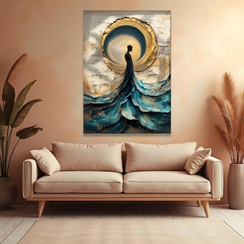 Tableau abstrait bleu et or 30x40 cm silhouette moderne pour mur