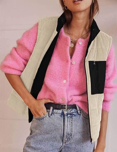 Women Corduroy Puffer Vest Cropped Sleeveless Jacket Puffy Stand Collar Gilet Coat Zip Up Outwear with Pockets2