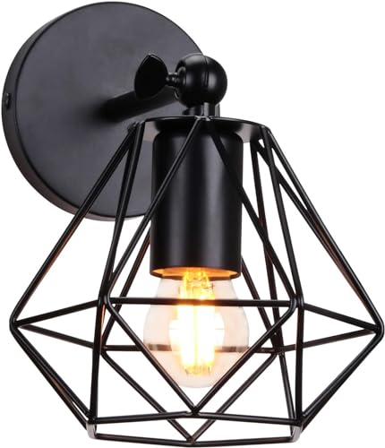 Lámpara de pared con jaula alambre, aplique Metal moderno, lámpara cabecera, apliques industriales, accesorios iluminación montaje en E27(Svart)