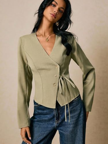 Image of Women's Cotton Tops | Casual Wrap V Neck Top | Long Sleeve Textured Side Tie Shirt | Elegant Slim Fit Crossover Tunic | Stylish Office Wear & Trendy Streetwear Apparel(38-K-1-4)