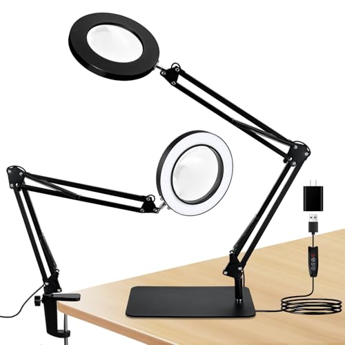 Lychee 15X Magnifying Glass with Light and Stand, 4.7inch 3 Color Mode Stepless Dimmable Glass Magnifying Hands Free 2-in-1 Desk Lamp with Heavy Base Clamp, LED Lighted Magnifier for Crafts Close Work