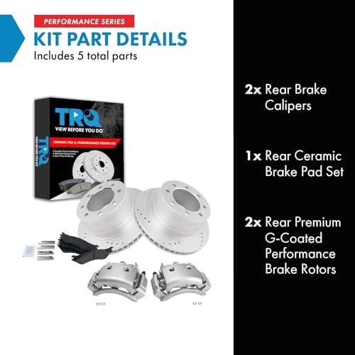 Image of TRQ Rear Performance Brake Pad, Caliper, & Rotor Kit Ceramic Vented Premium G-Coated Compatible with 2003-2008 Dodge Ram 3500