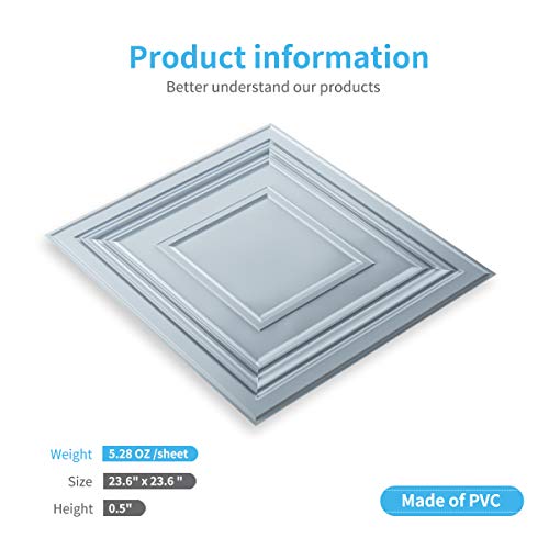 Image of Art3d Decorative Drop Ceiling Tile 2x2 Pack of 12pcs, Glue up Ceiling Panel Square Relief in Gray