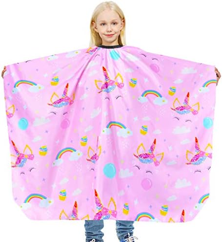 Kids Haircut Cape Boy/Girls Barber Cape Cover Unique Dinosaur Unicorn Barber Cape for Children Cute Hairdresser Apron with Adjustable Snap Closure Pink for Toddler, Children,Kids (Pink Unicorn)