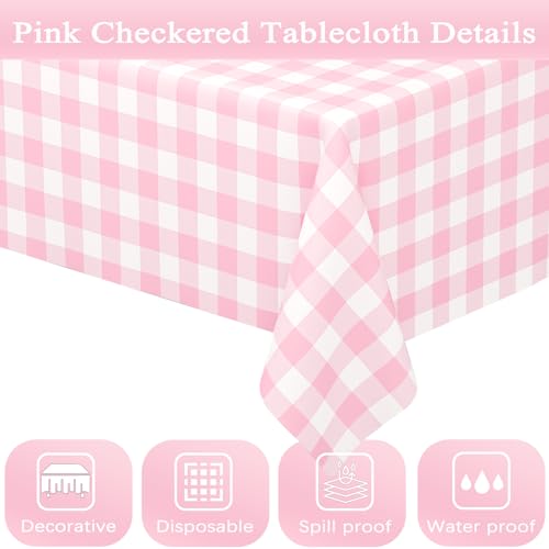 Image of 6 Pack Pink Gingham Tablecloth Rectangular Pink and White Checkered Tablecloths Disposable Plastic Pink Plaid Table Cover for Parties, Outdoor Picnic, Birthday, Wedding, Camping 54 x 108 Inch