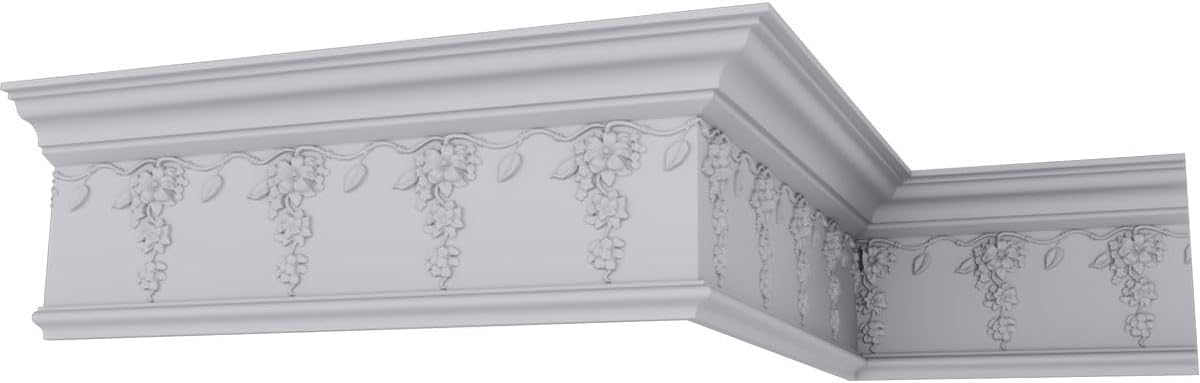 Endurathane Flower Drop Crown Moulding, 7 1/2"H x 3 1/8"P x 8 1/8"F x 94 1/2"L, Factory Primed