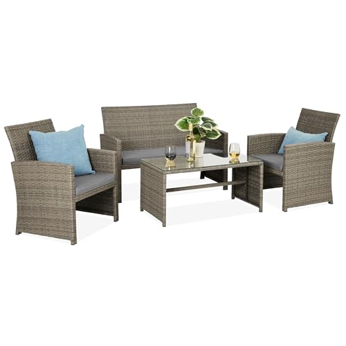 Best Choice Products 4-Piece Outdoor Wicker Patio Conversation Furniture Set for Backyard w/Coffee Table, Seat Cushions - Taupe/Cement Gray